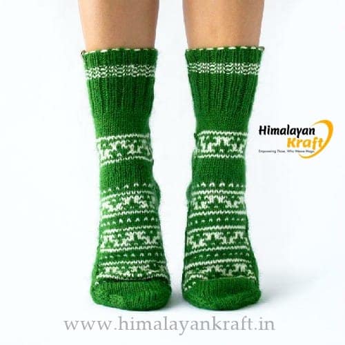 Hand Knitted Kullu Design Unisex Ankle Socks - Lime Green view 2