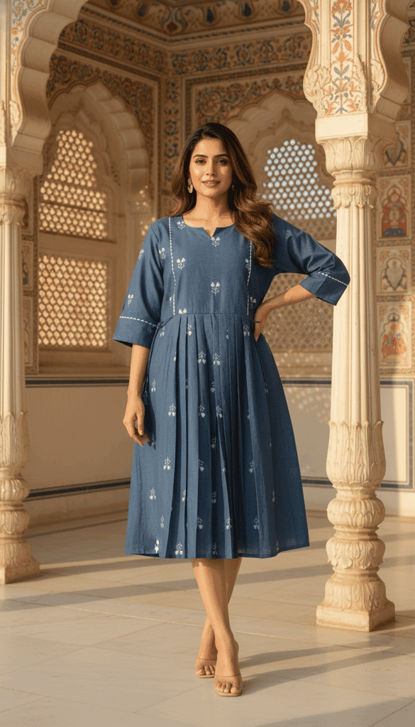 Cotton Printed Long Dress for Women | Anarkali Style | 3/4th Sleeve | Casual & Festive Wear view 2