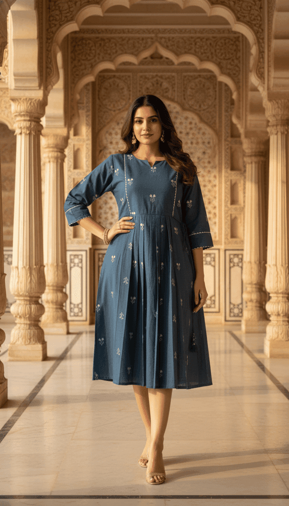 Cotton Printed Long Dress for Women | Anarkali Style | 3/4th Sleeve | Casual & Festive Wear view 3