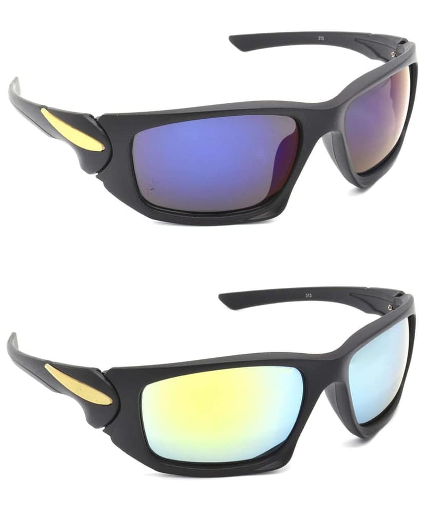 HRINKAR Men Sports Sunglasses Black Frame, Blue & Silver Lens (Medium) - Pack of 2