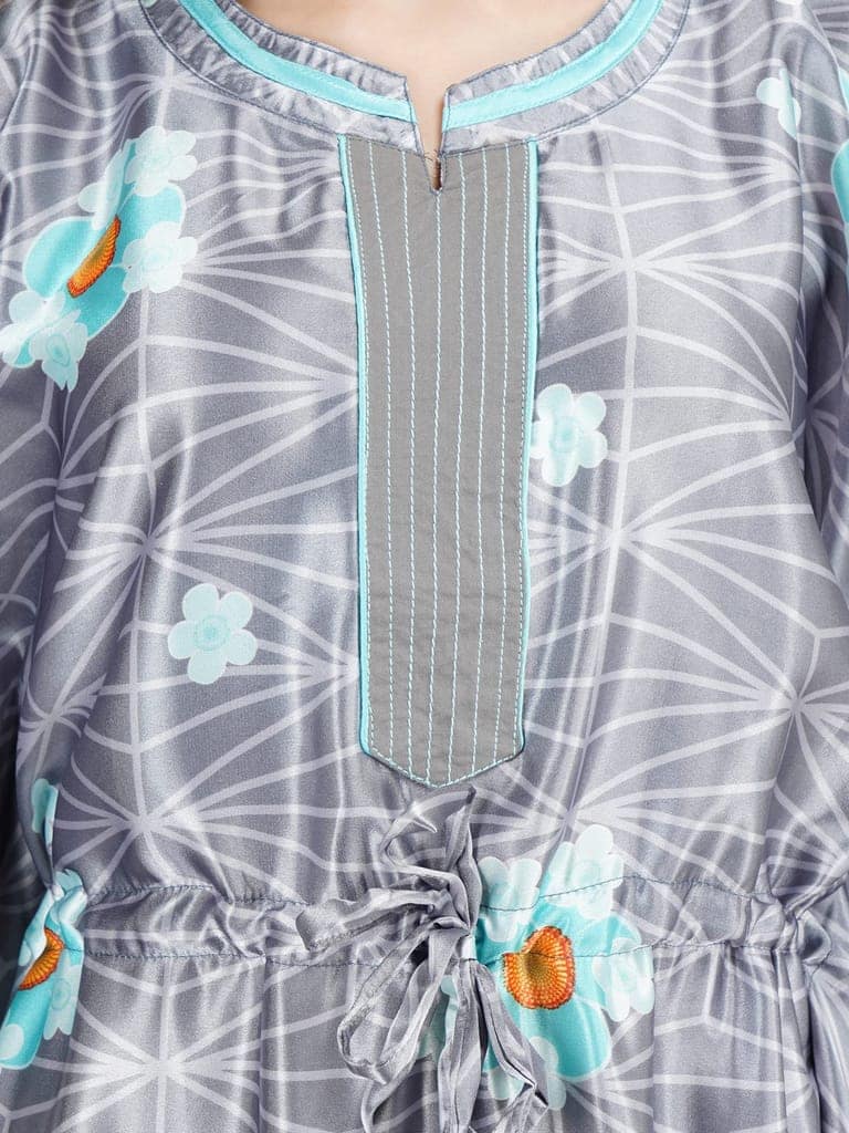 KOI SLEEPWEAR Women's Printed Satin Kaftan Gown/ Maxi Night Gown for Women - Grey view 5