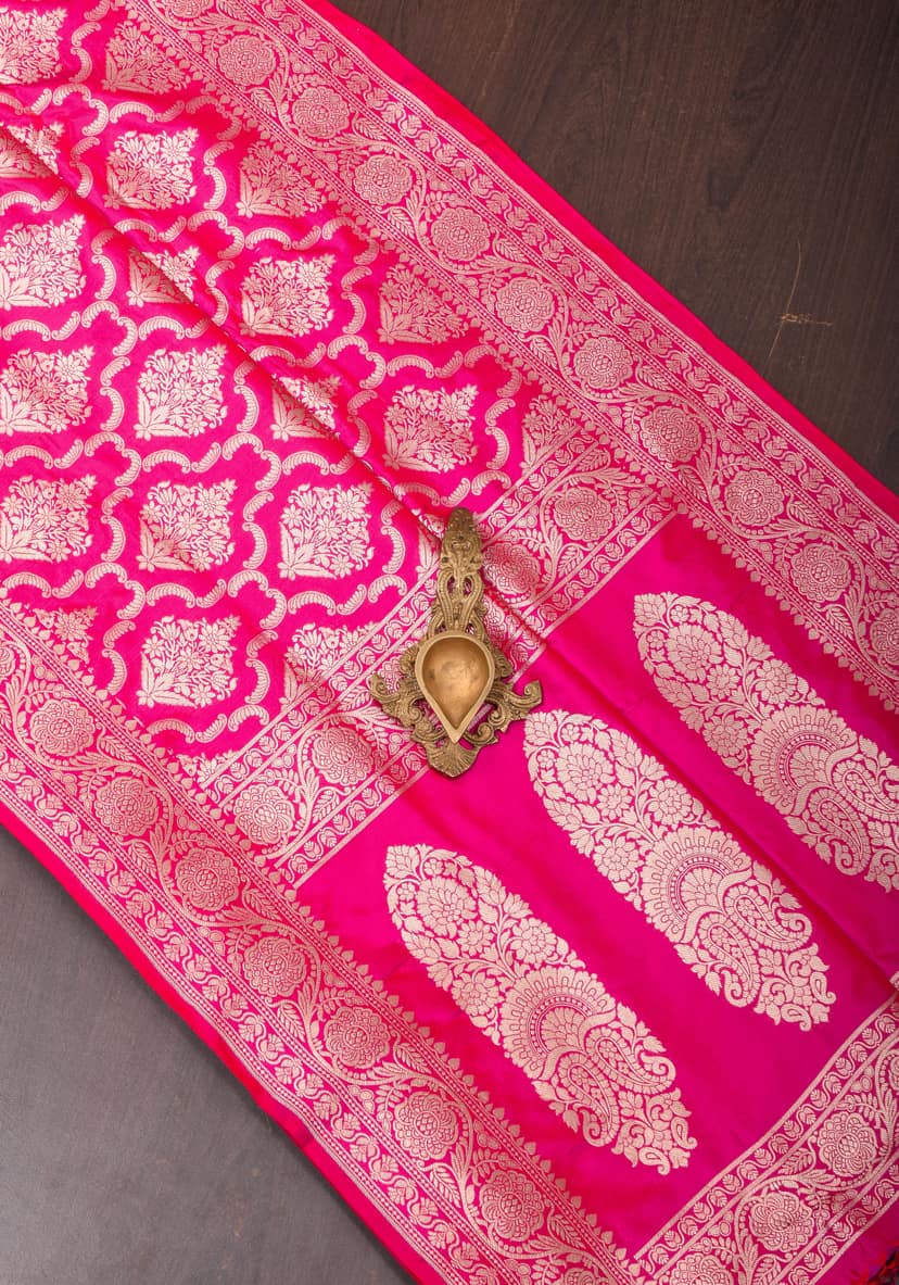 Pink Dual tone Pure Katan Silk Banarasi Saree with Persian Trellis Jaal Weave | SILK MARK CERTIFIED view 2