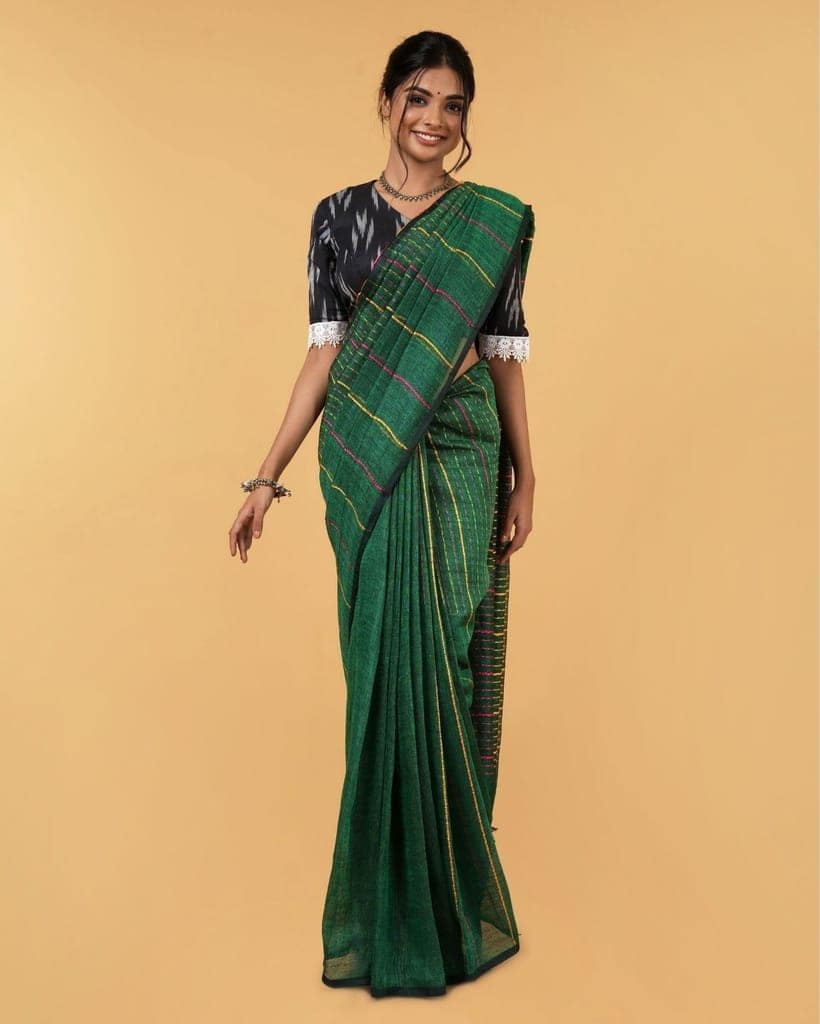 Pure Linen Weaving Design Kantha Work Saree Spectra Green Color with Kantha Blouse-9206 view 6