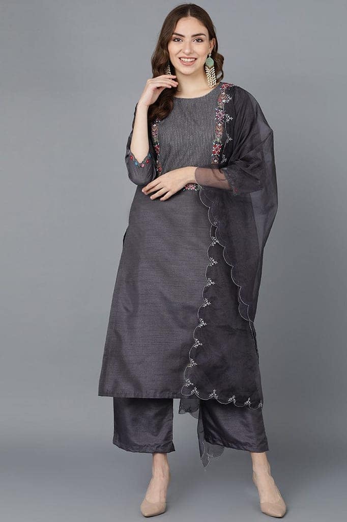 Women Charcoal Poly Silk Embroidered Kurta Trousers With Dupatta PKSKD1502
