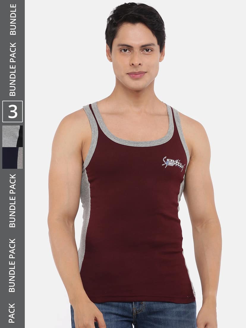 Men's Assorted Pack of 3 Solid Combed Cotton Racerback Styled Gym Vest