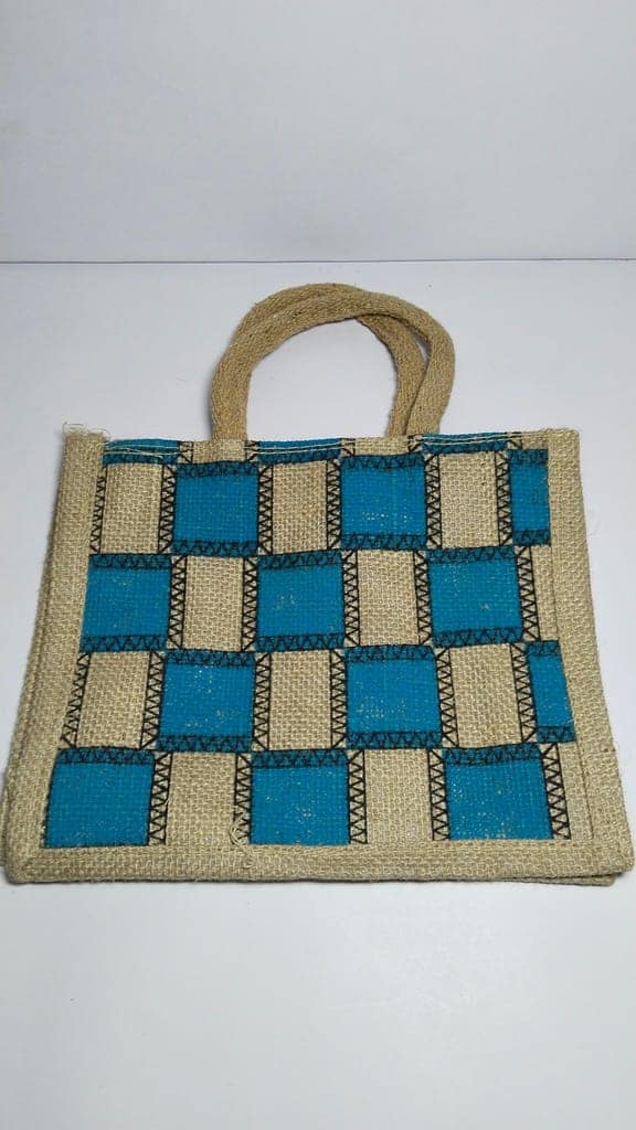 Handwoven Checkered Jute Tote Bag with Double Handles