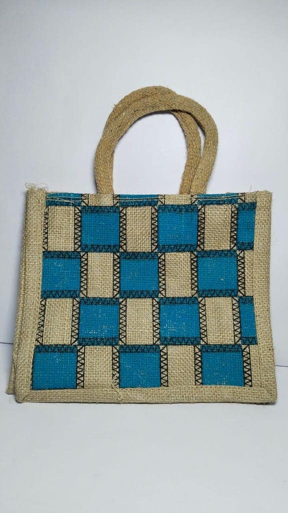 Handwoven Checkered Jute Tote Bag with Double Handles view 2