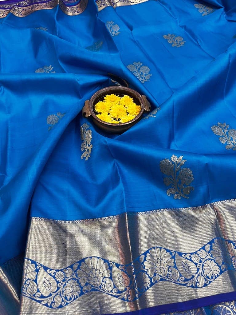 Admiral Blue Color Saree Has High Fancy Border Floral Design & Floral Butta with Unstitched Blouse view 4