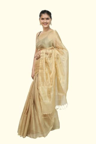 Imperial Maheshwari handloom Tissue Saree with Tassels – Beige