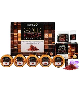 NutriGlow Gold Kesar Facial Kit (250gm + 10ml) with Bleach Cream (43gm) for Glowing Skin, Spotless & Hydrated Skin, Pack Of 3