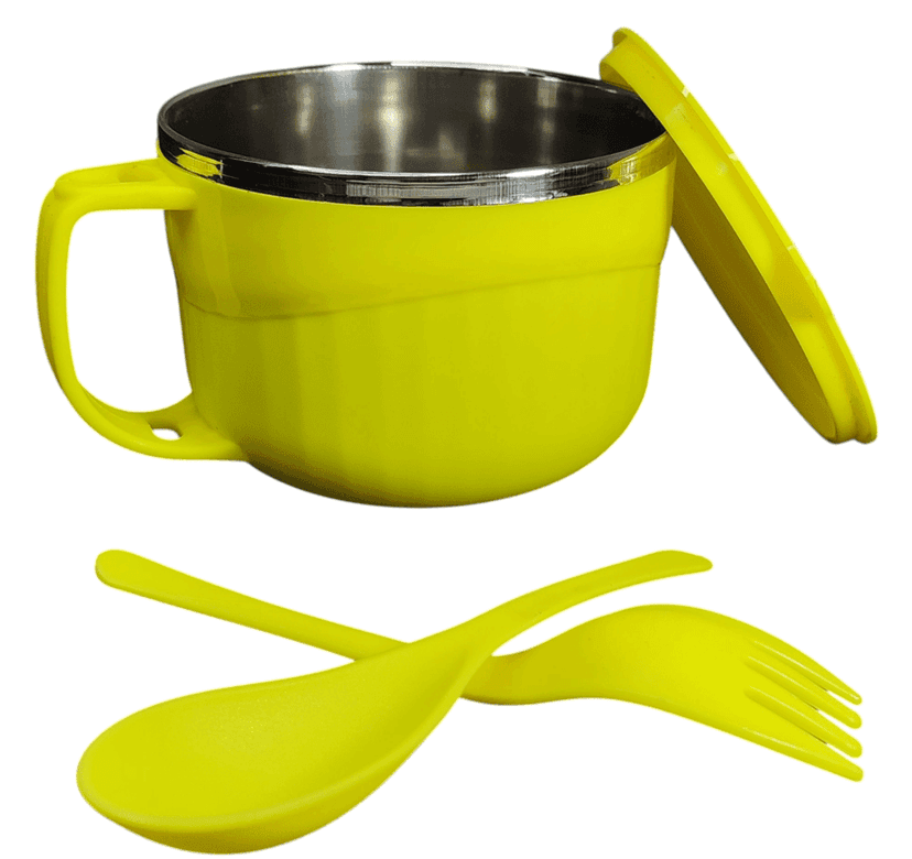 Maggie and Soup Bowl with Lid, Spoon & Fork Set, Yellow Color