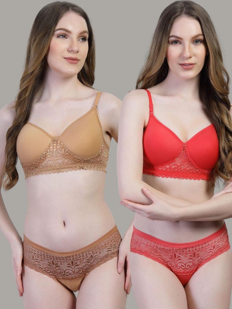 Pack of 2 Cotton Lace Bra Panty Set | Women�s Padded Lingerie Innerwear view 4