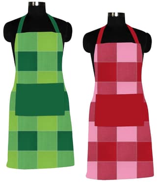 AIRWILL 100% Cotton Premium Quality Checkered Pattern Free Sized Apron (Green,Red, Pack of 2)