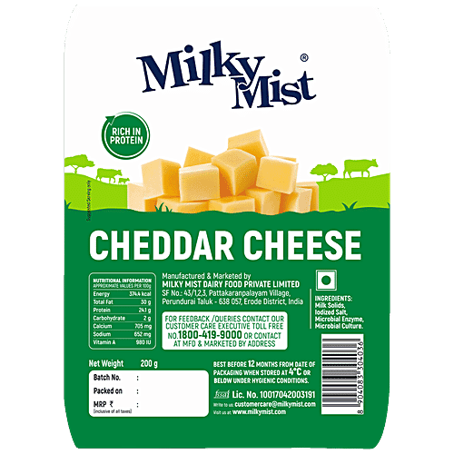 Milky Mist Cheddar Cheese - Rich In Protein & Calcium, Great For Gut Health, 200 g Pouch