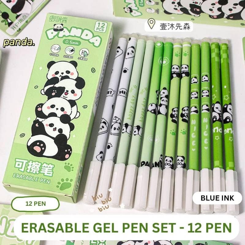 Panda Theme Erasable Gel Pen Set (Green, 12 Pcs, 0.5mm) | Smooth Writing & Clean Erasing | Daily Stationery & Study Use
