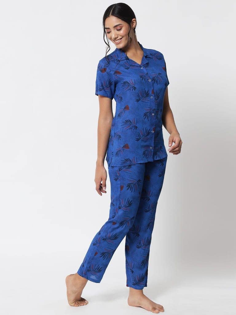 Printed Button Up Navy Nightsuit For Women With Pockets in Pyjamas N75N view 2