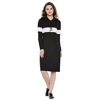 Miss Chase Womens Round Neck Full Sleeves Cotton Solid Hooded Knee-Long T-Shirt Dress