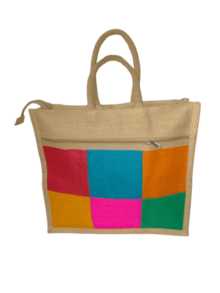 Jute Tote Bag with Colorful Patchwork Design