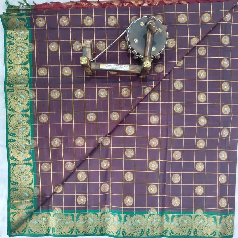 1000 Putta Original Cotton Saree with Blouse - Brown view 5
