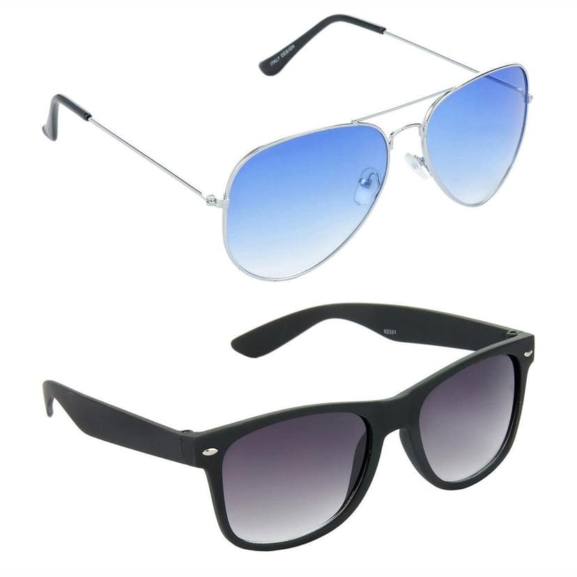 HRINKAR Men Women Boys & Girls Pilot Sunglasses Silver & Black Frame, Blue & Grey Lens (Medium) Pack of - 2