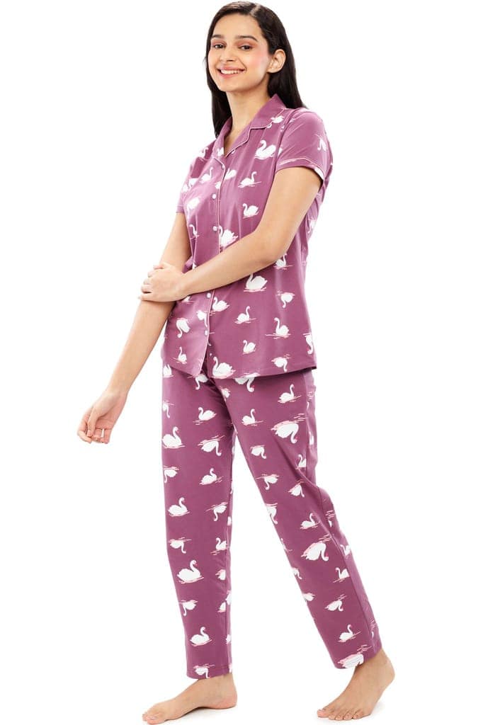 ZEYO Women's Cotton Brown Swan Printed Night suit set view 3