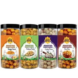 Roasted Makhana Variety Pack (Pack of 4) | Peri Peri, Cream & Onion, Pudina Party & Tangy Cheese | Healthy & Guilt-Free Snack - 280 gm - Four jars of roasted makhana
