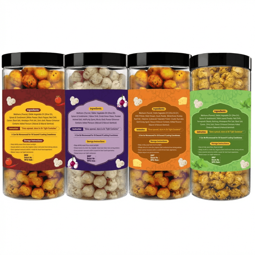 Roasted Makhana Variety Pack (Pack of 4) | Peri Peri, Cream & Onion, Pudina Party & Tangy Cheese | Healthy & Guilt-Free Snack - 280 gm - Four jars of roasted makhana view 2