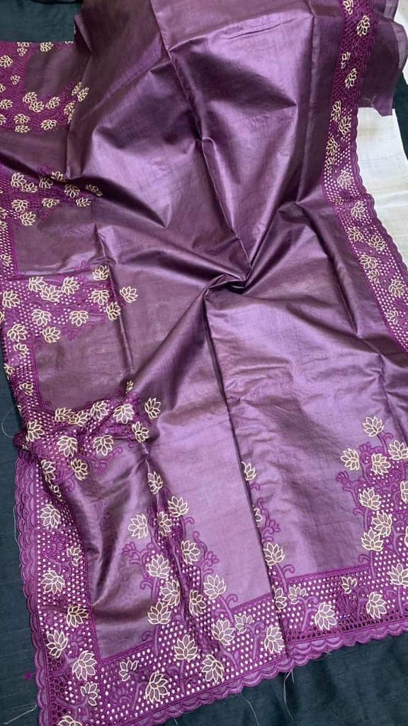 Silkmark Certified Pure Tussar Hand Cutwork Violet Color Saree (Tussar by Tussar Fabric)-6071