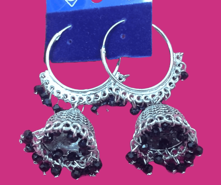 Oxidized Silver Plated Traditional Jhumka Earrings With Black Beads For Women view 4