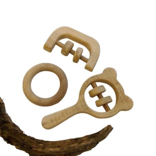 Neemtoys Neem Wooden Most Loved Neem Rattles and Teether Mickey Head, C Shape and Ring Shape Teether, Teething Toy for Babies with Multiple Textured Surface (Brown)