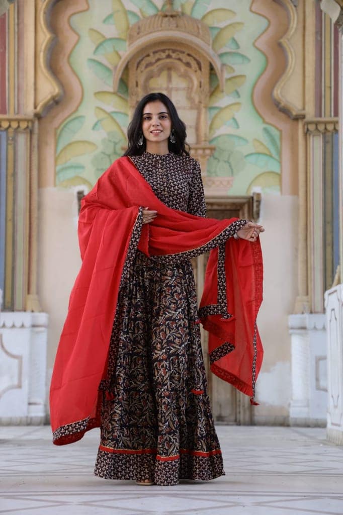 Cotton Lehanga Handblock Printed Aubergine Brown Color and Top With Mulmul Dupatta (Size 34-46)-2312 view 4