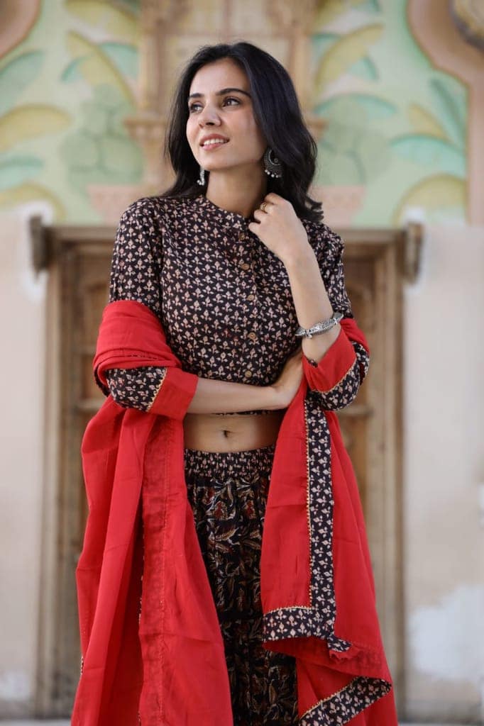 Cotton Lehanga Handblock Printed Aubergine Brown Color and Top With Mulmul Dupatta (Size 34-46)-2312 view 5
