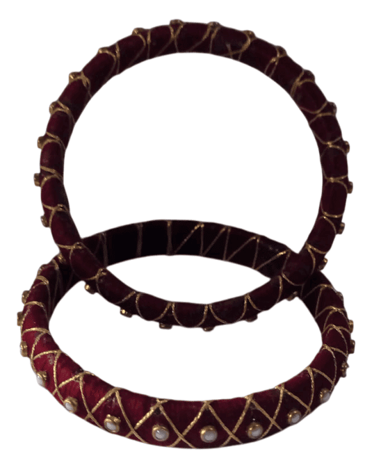 Red and Gold Silk Thread Bangle Set with Pearl Beads view 2