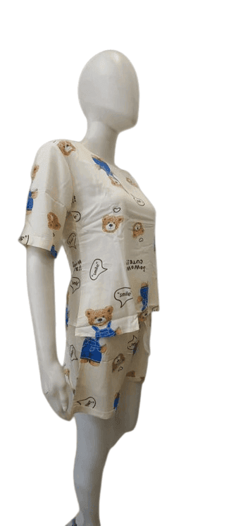 Women’s Cute Teddy Print Nightwear Set – Half Sleeve Top & Shorts Pajama Set (Cream) view 3