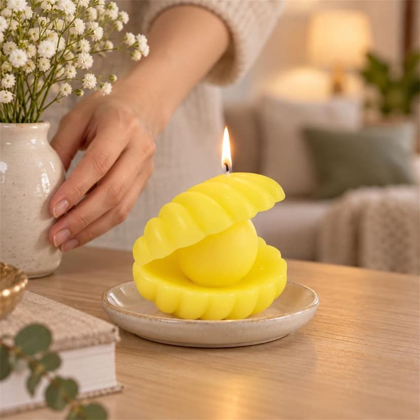 Shell Shaped Scented Wax Candle with Pearl Centre for Home Table Decor (1 Pc) view 2