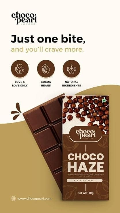Choco Pearl Choco Haze Dark Chocolate with Hazelnut – Handcrafted Premium Eggless Chocolate Bar | Rich Cocoa Flavor for Gifting 100 g view 3