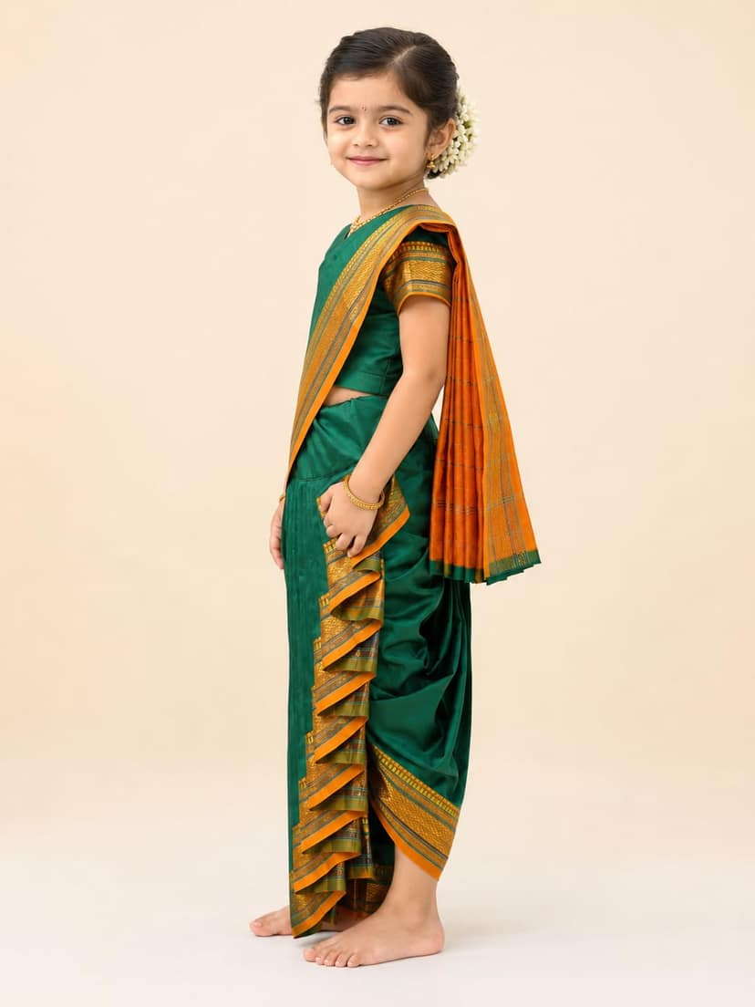 Mom and Me Nauvari Saree for Girls/Baby Girl, Ready to Wear, Marathi Maharashtrian Traditional Saree, Festival Outfit for Puja, Ganpati Festival, School Programs stitch Blouse (Green, 14-15 Years) view 2
