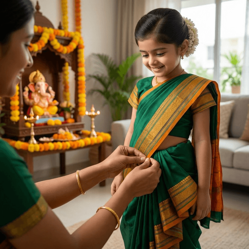Mom and Me Nauvari Saree for Girls/Baby Girl, Ready to Wear, Marathi Maharashtrian Traditional Saree, Festival Outfit for Puja, Ganpati Festival, School Programs stitch Blouse (Green, 14-15 Years) view 3