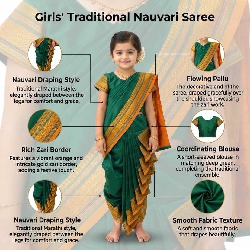 Mom and Me Nauvari Saree for Girls/Baby Girl, Ready to Wear, Marathi Maharashtrian Traditional Saree, Festival Outfit for Puja, Ganpati Festival, School Programs stitch Blouse (Green, 14-15 Years) view 4