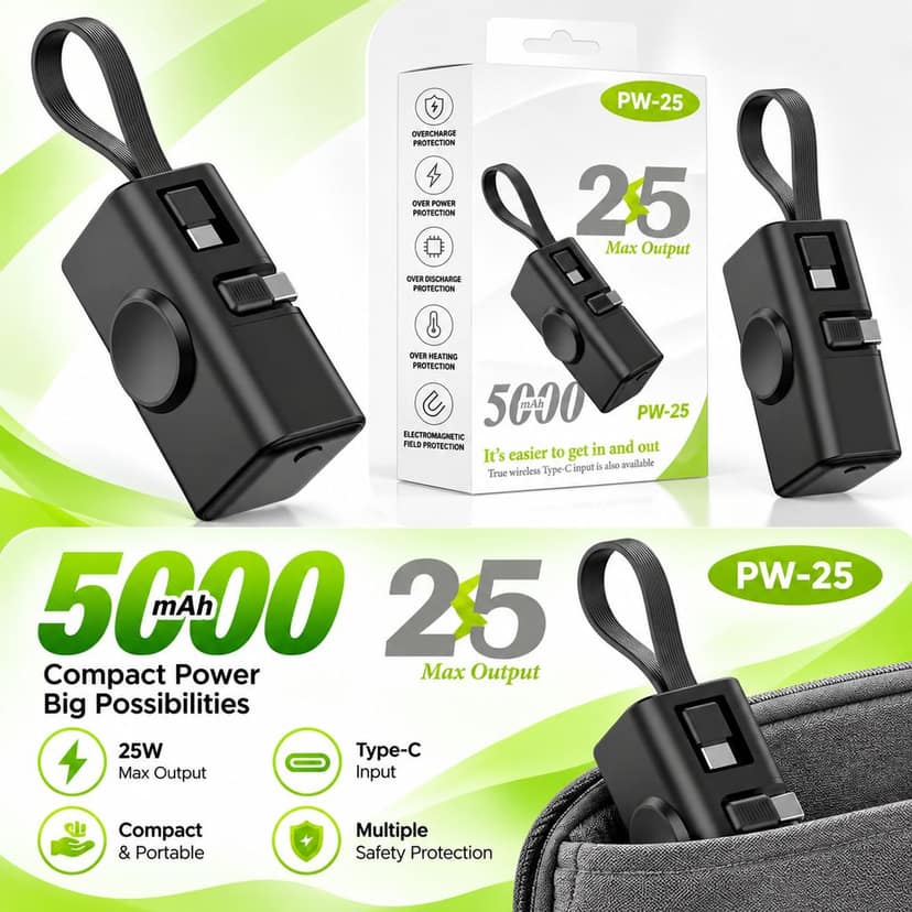 5000mAh Mini Power Bank with Built-in Type-C Connector, Carry Strap, Compact Portable Mobile Charger with 6-Month Warranty view 2