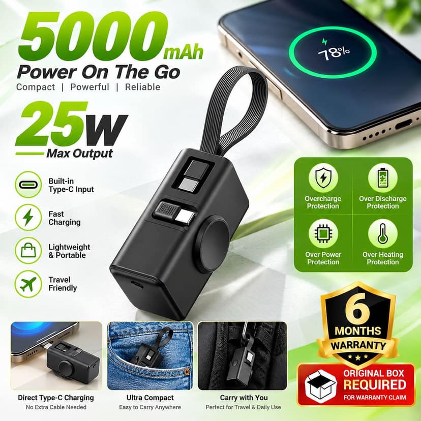 5000mAh Mini Power Bank with Built-in Type-C Connector, Carry Strap, Compact Portable Mobile Charger with 6-Month Warranty view 3