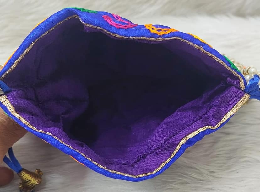 Purple Hand Embroidered Potli Bag with Pearl Handle and Colorful Sequin Work view 2