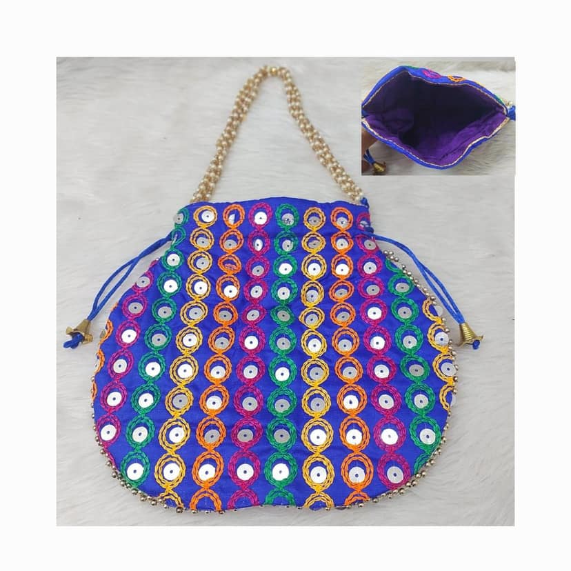 Purple Hand Embroidered Potli Bag with Pearl Handle and Colorful Sequin Work view 3