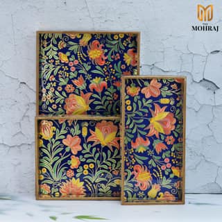 The Mohraj Vibrant Floral Rectangular MDF Trays with Gold Foil Finish Set of 3