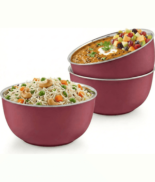 Kitcorner Snacks Bowl | Dessert Bowl Stainless Steel Plain Snacks Bowl 13 cm ( Set of 3 ) Maroon