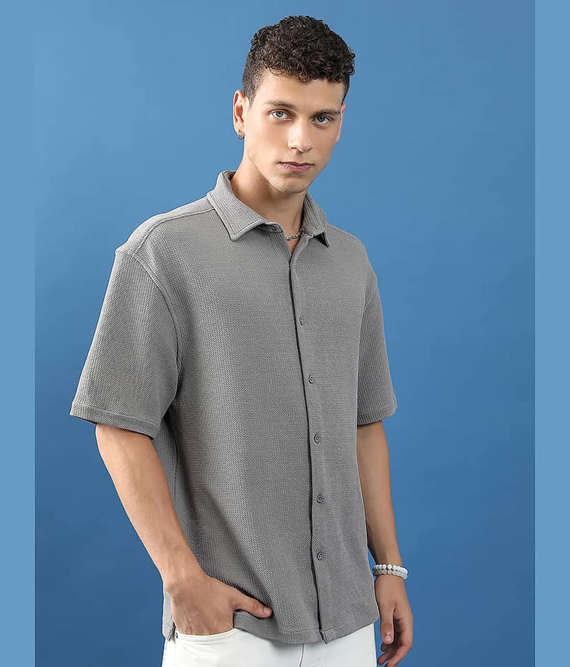Highlander Cotton Blend Oversized Fit Self Design Half Sleeves Men's Casual Shirt - Grey ( Pack of 1 ) view 6