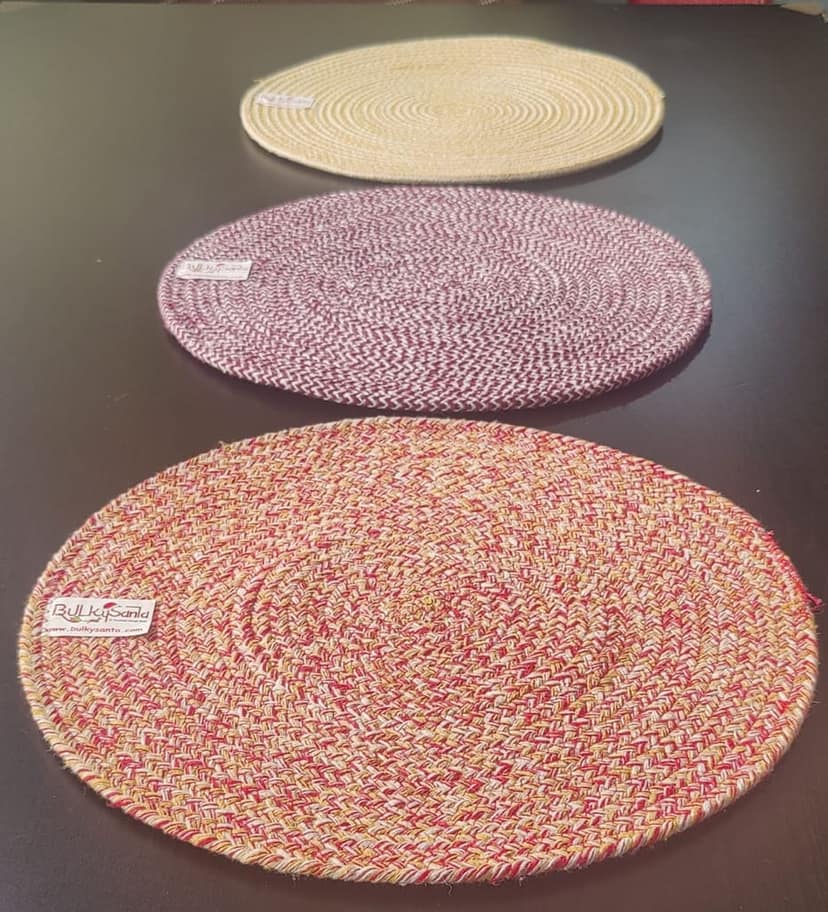 Round table mats cotton placemats (pack of 3) | Dining table mats 14", Heat Resistant, Reversible Use (Yellow/Maroon/Red) by Bulky Santa