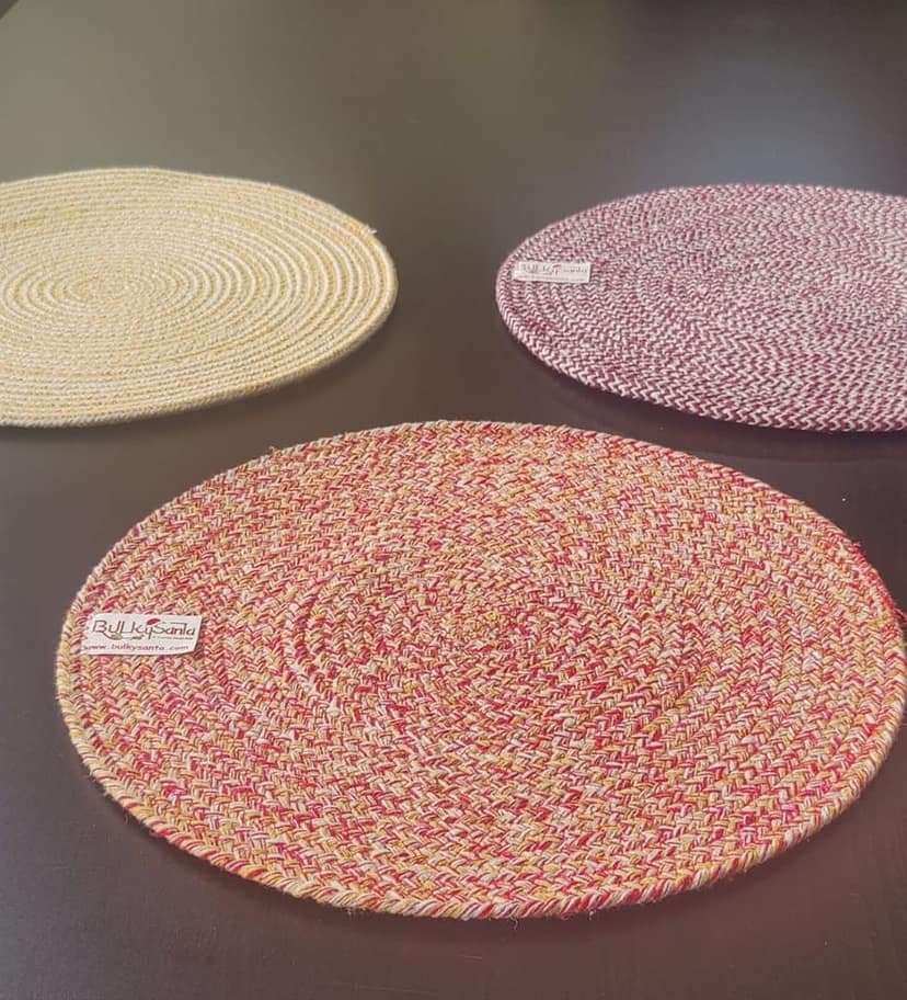 Round table mats cotton placemats (pack of 3) | Dining table mats 14", Heat Resistant, Reversible Use (Yellow/Maroon/Red) by Bulky Santa view 2