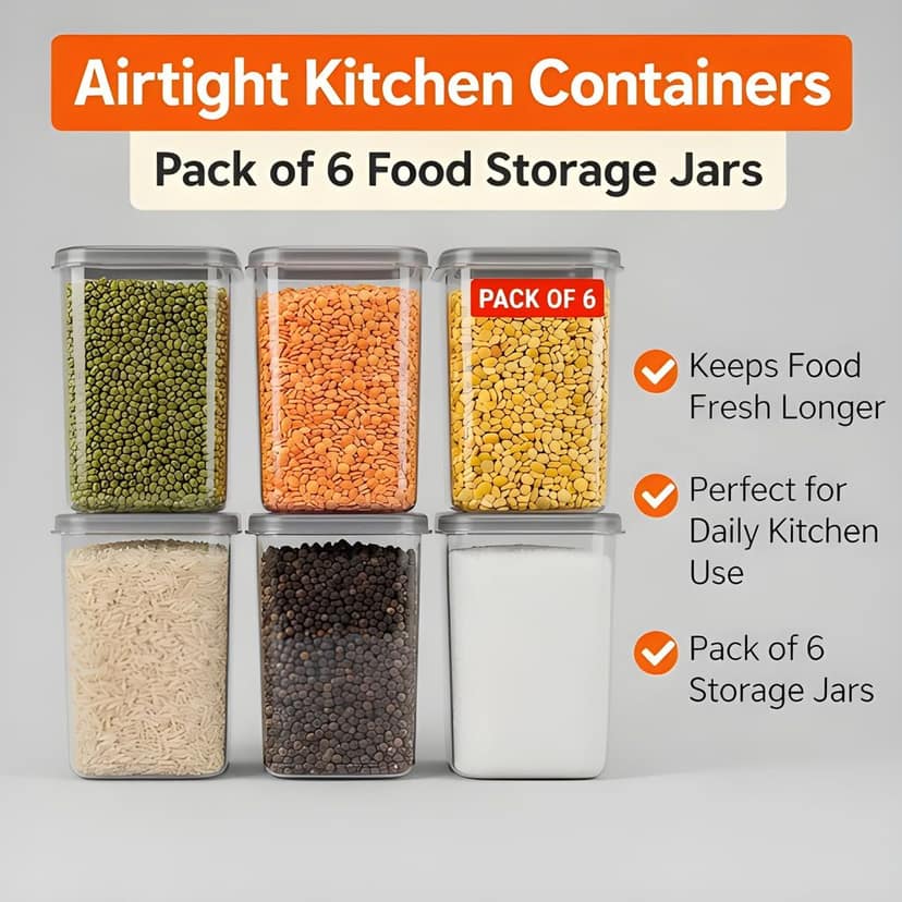 WUGO Airtight Plastic Storage Container Set of 6 | Multipurpose Kitchen Storage Jars for Grocery, Pulses, Rice, Sugar, Spices & Dry Fruits | BPA Free Food Storage Containers (Original) view 2
