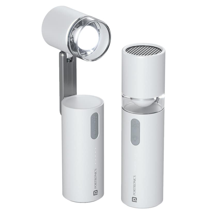 Portronics Airlo Handheld Fan with Built-in Light, a compact and portable cooling solution designed to provide powerful airflow - White